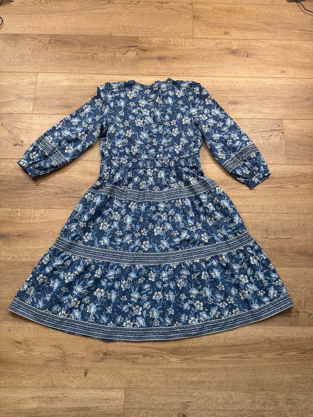 LOFT Petites Blue Floral Tiered Dress V Neck Long Sleeve Size XLP Boho - Picture 3 of 13